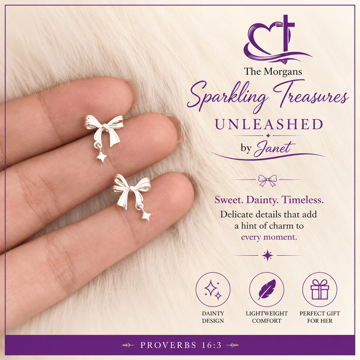 Silver bow-shaped earrings held between fingers with promotional text about 'The Morgans Sparkling Treasures Unleashed by Janet'.