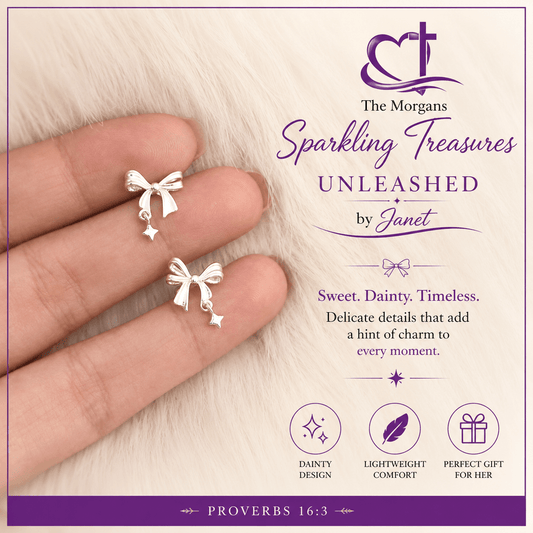 Silver bow-shaped earrings held between fingers with promotional text about 'The Morgans Sparkling Treasures Unleashed by Janet'.