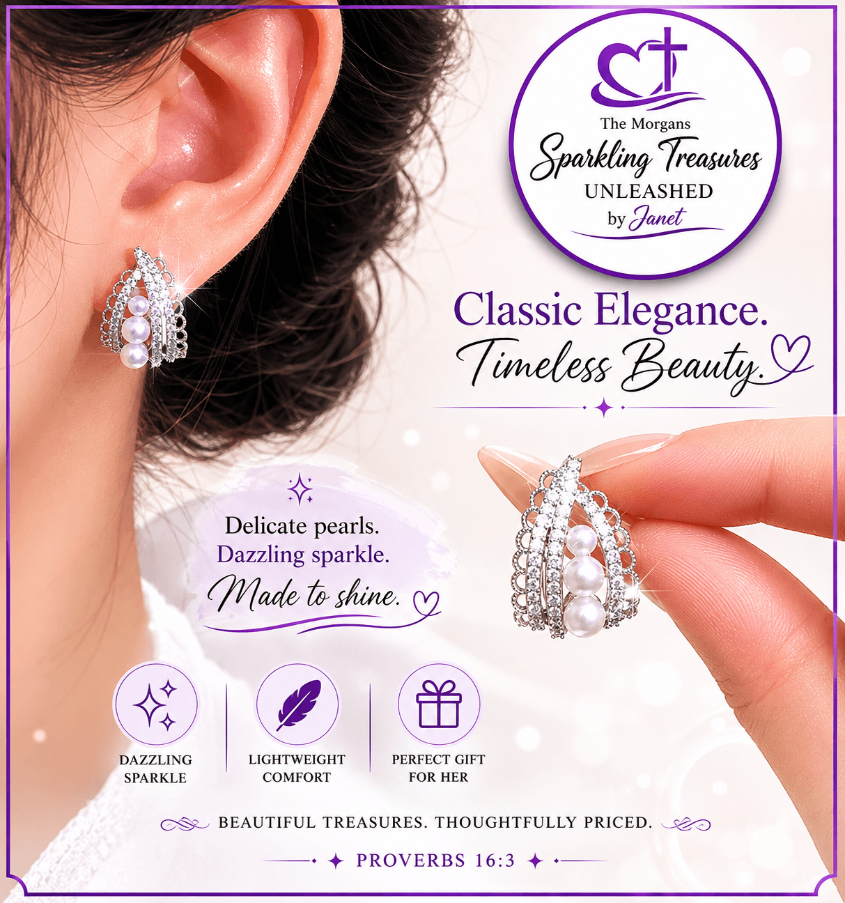 Pearl earrings being worn and held, with promotional text about 'Morgans Sparkling Treasures Unleashed by Janet'.