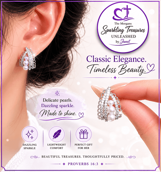 Pearl earrings being worn and held, with promotional text about 'Morgans Sparkling Treasures Unleashed by Janet'.