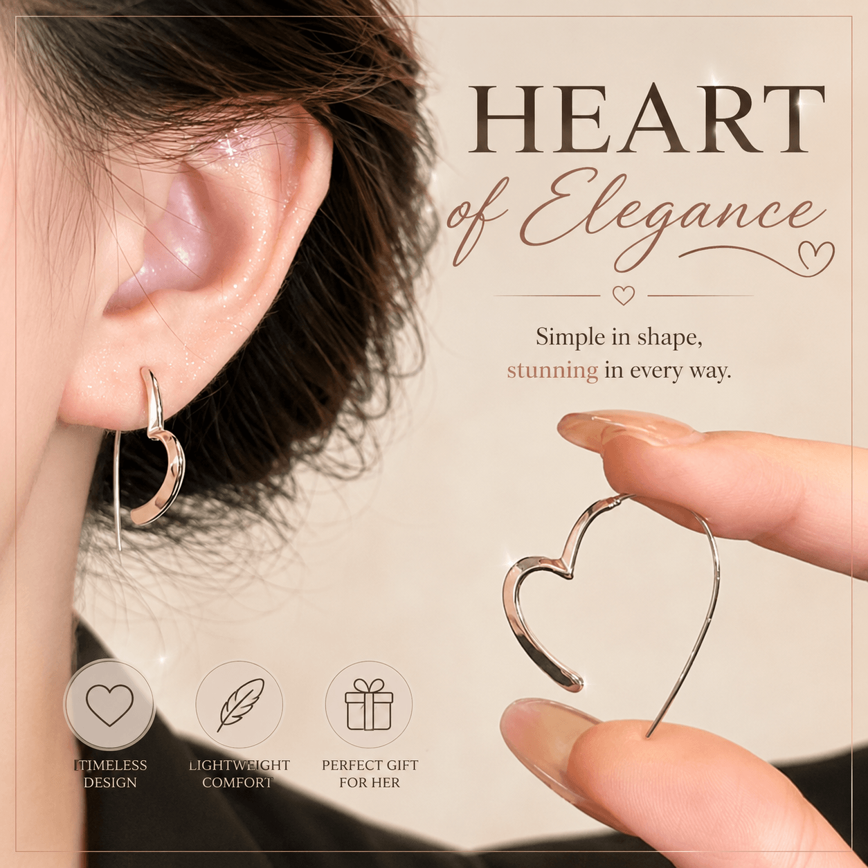 Heart-shaped earring being held near an ear with 'Heart of Elegance' text and product features.