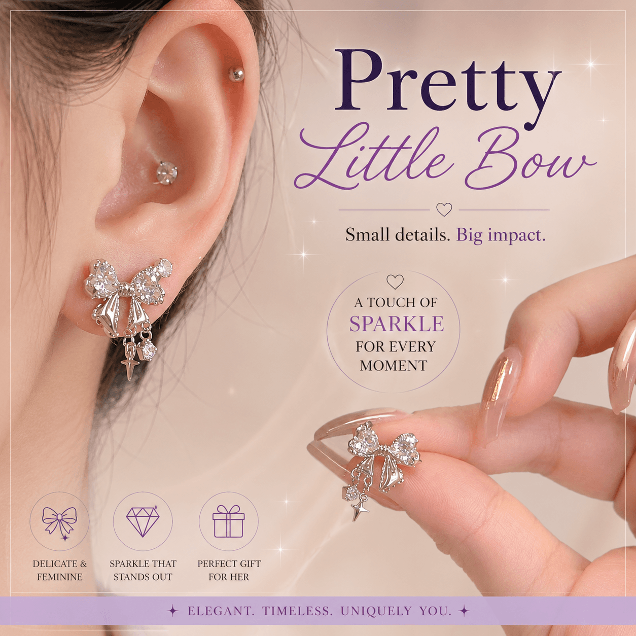 Earrings with a bow design worn and held, with promotional text about 'Pretty Little Bow' earrings.