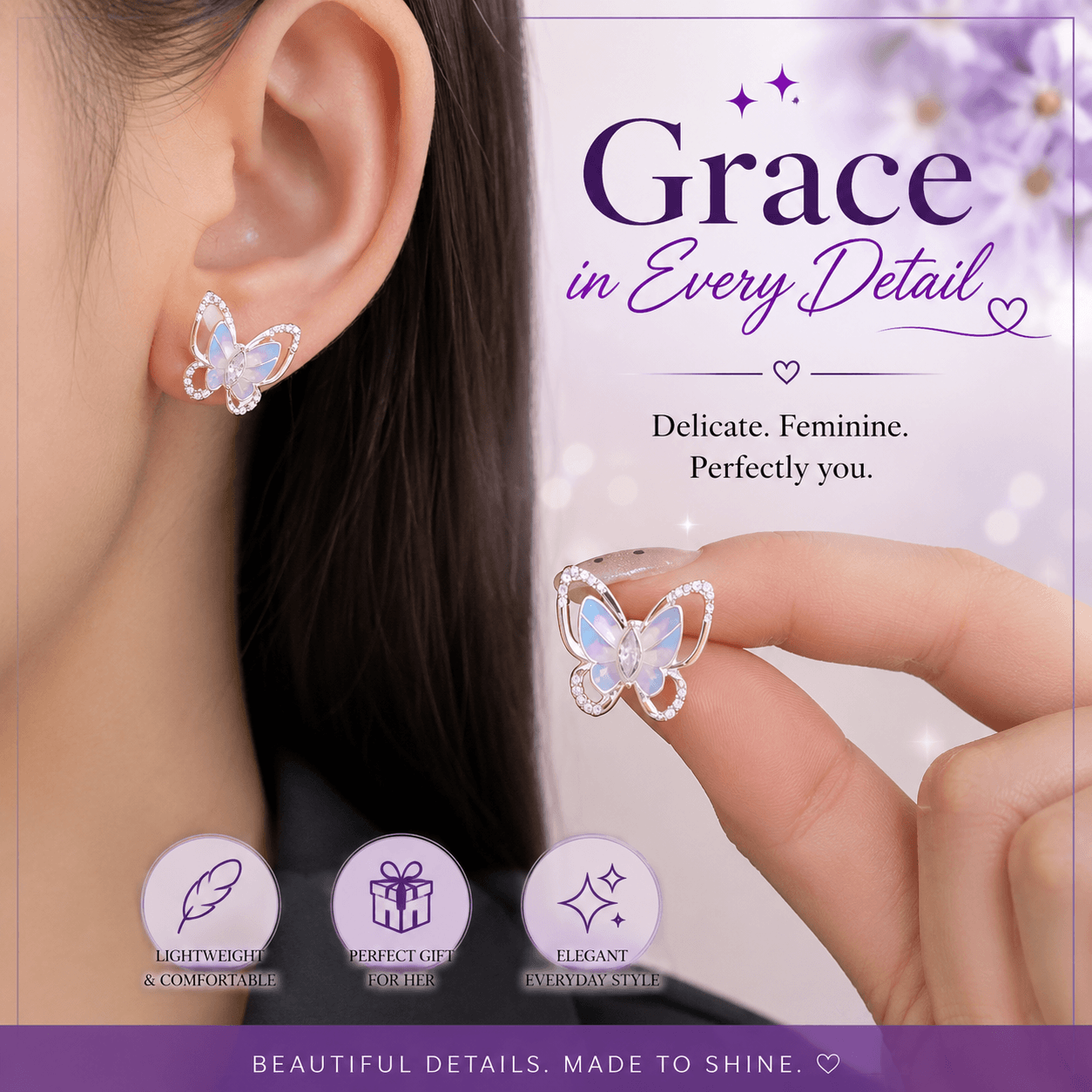 Butterfly earrings being worn and held, with 'Grace in Every Detail' text and product features.