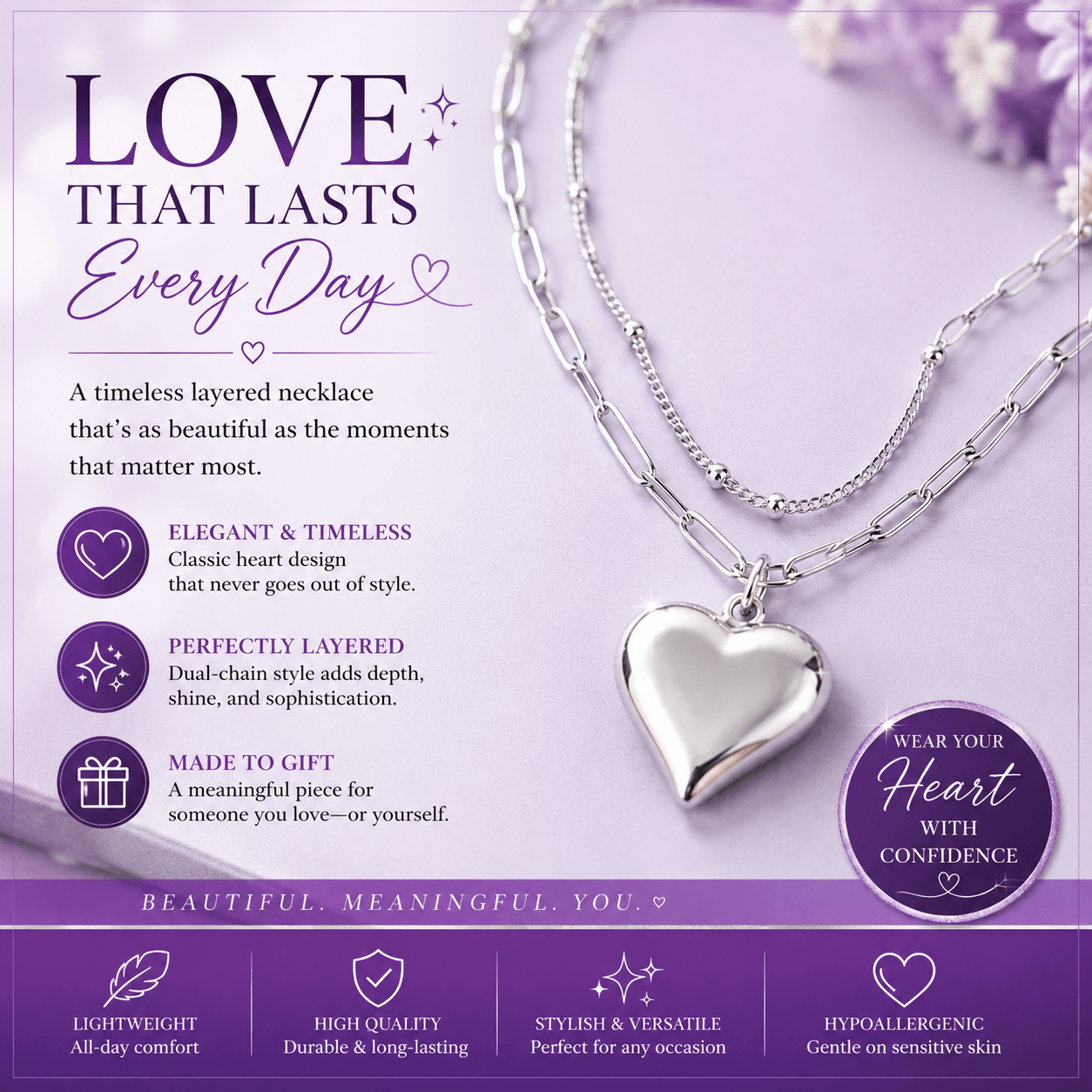 Silver heart-shaped necklace on a purple background with product features listed.