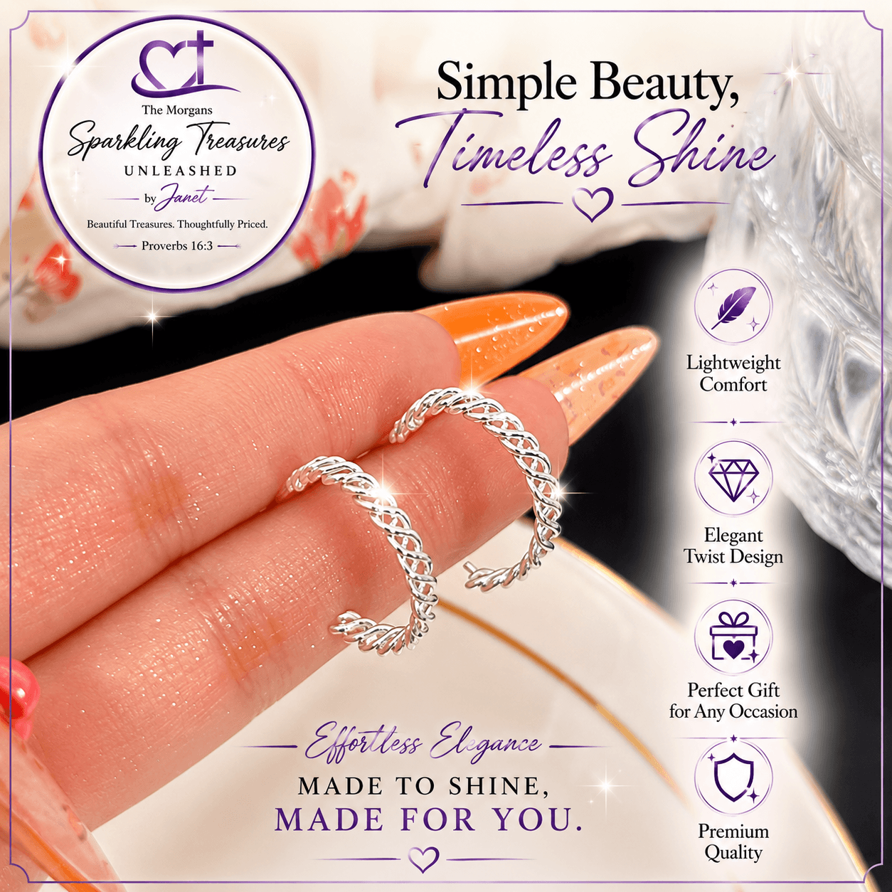 Silver ring on a hand with promotional text and branding