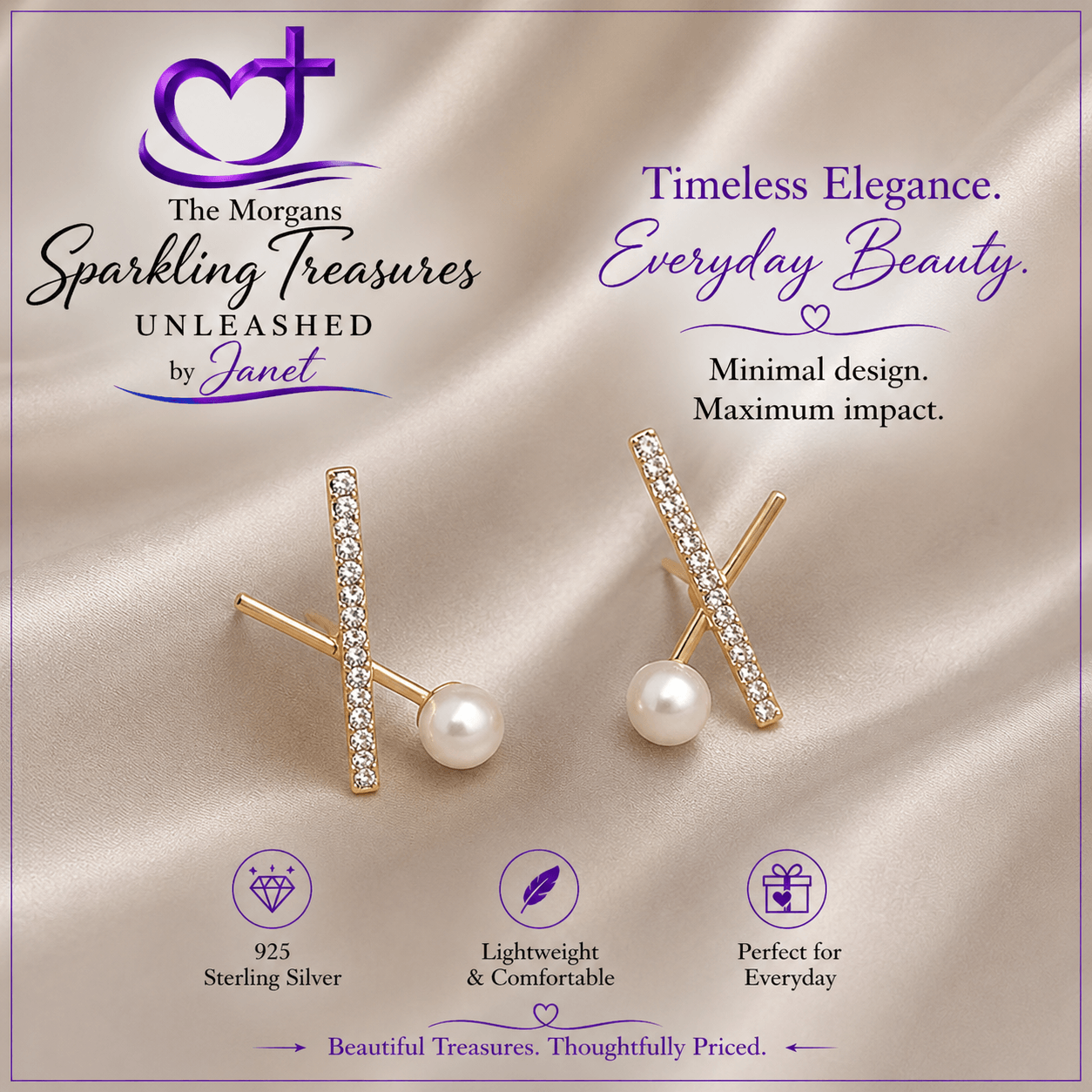 Pair of pearl earrings with gold accents on a satin background, featuring 'The Morgans Sparkling Treasures' branding.