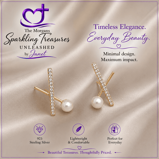 Pair of pearl earrings with gold accents on a satin background, featuring 'The Morgans Sparkling Treasures' branding.