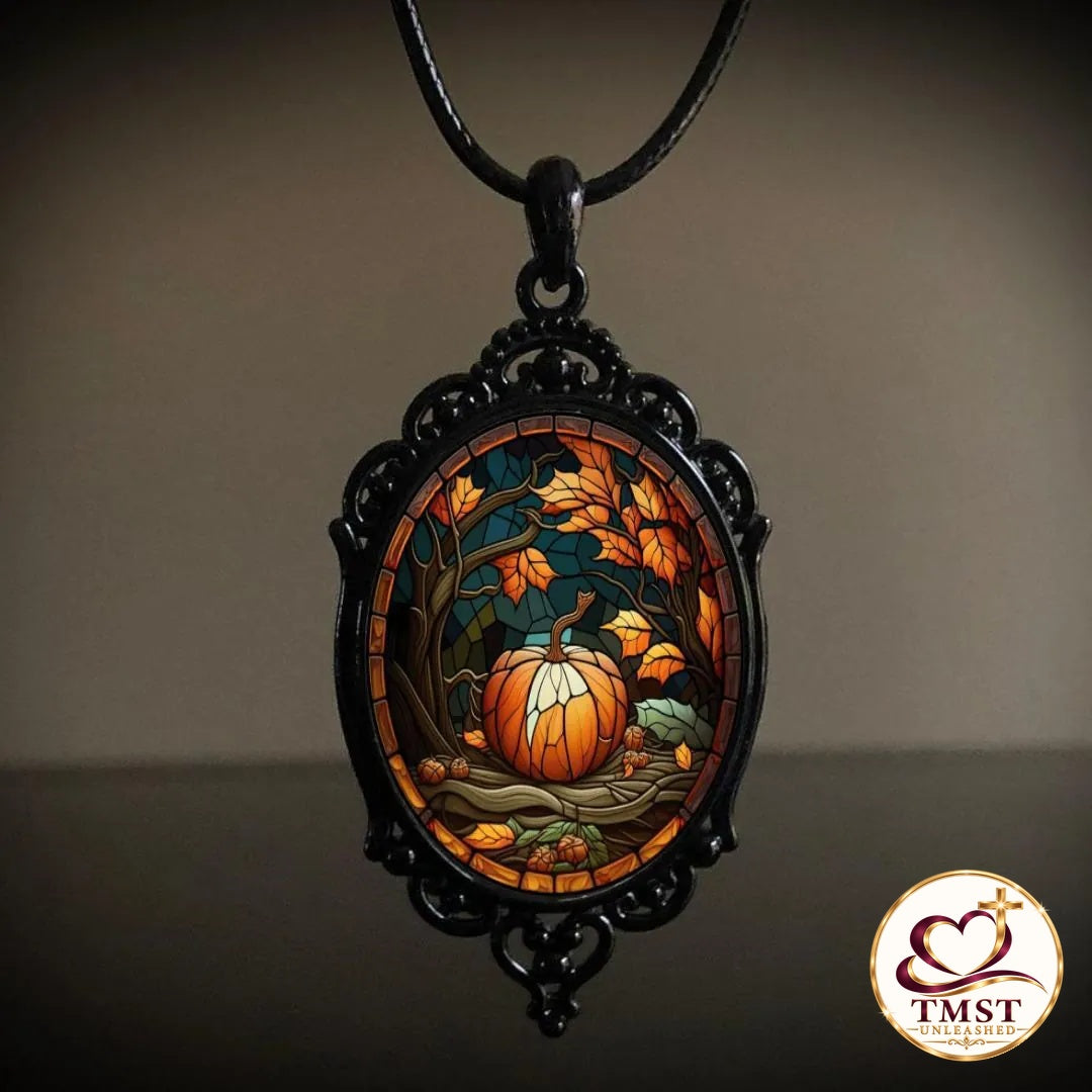 Harvest Glow™ Stained Glass Pumpkin Pendant Necklace product photo