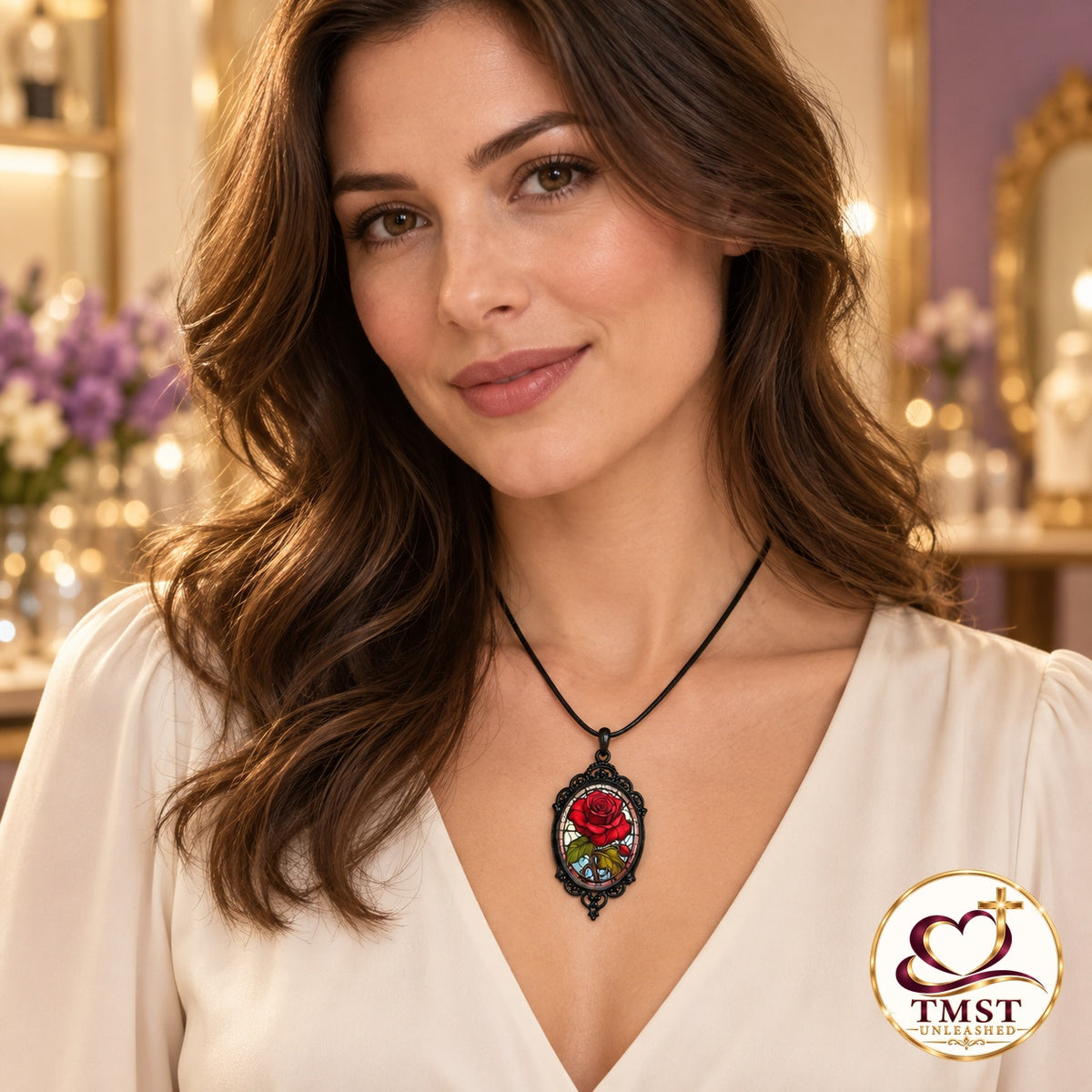 Forever in Bloom™ Stained Glass Rose Pendant Necklace shown in use