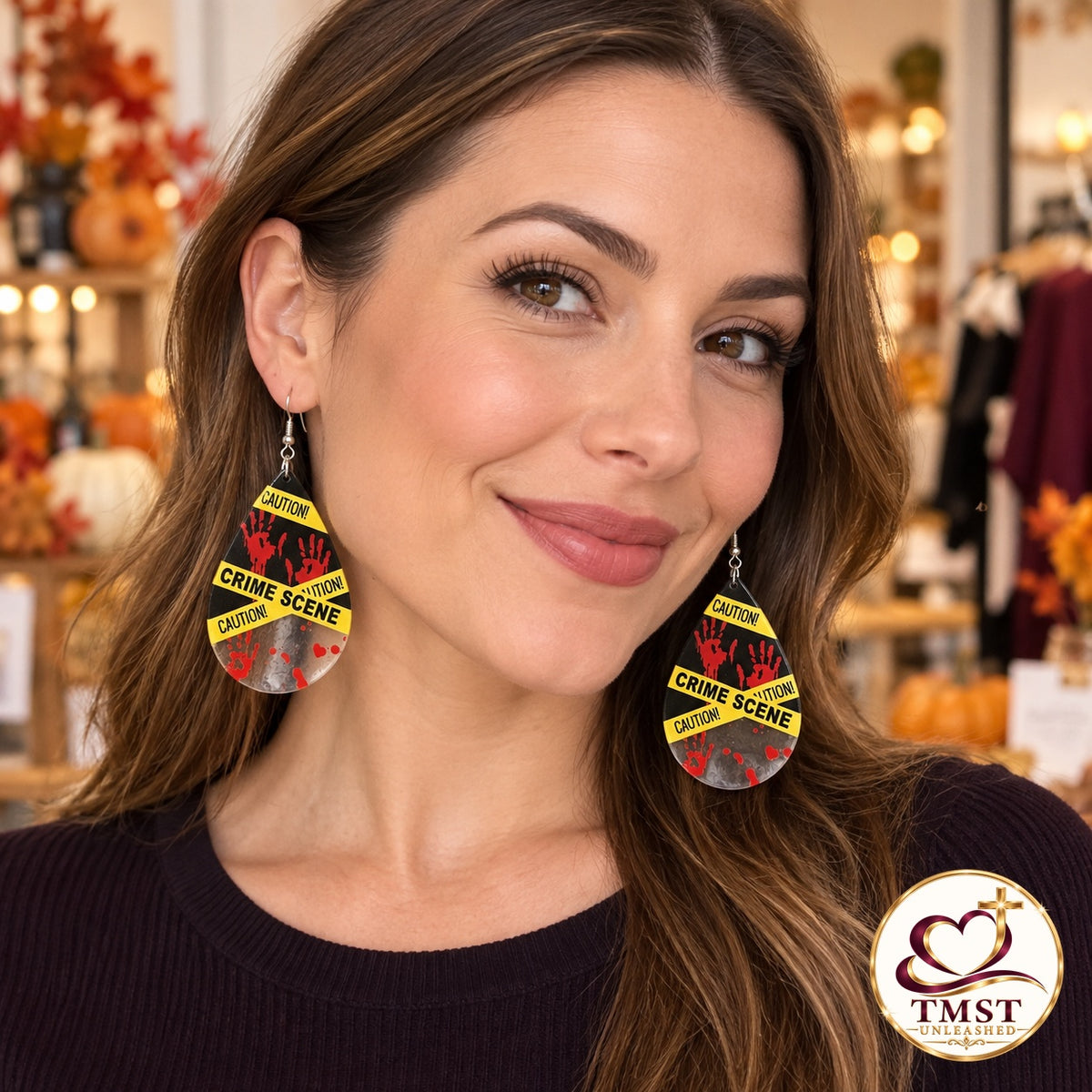 Caught Red-Handed™ Crime Scene Earrings shown in use