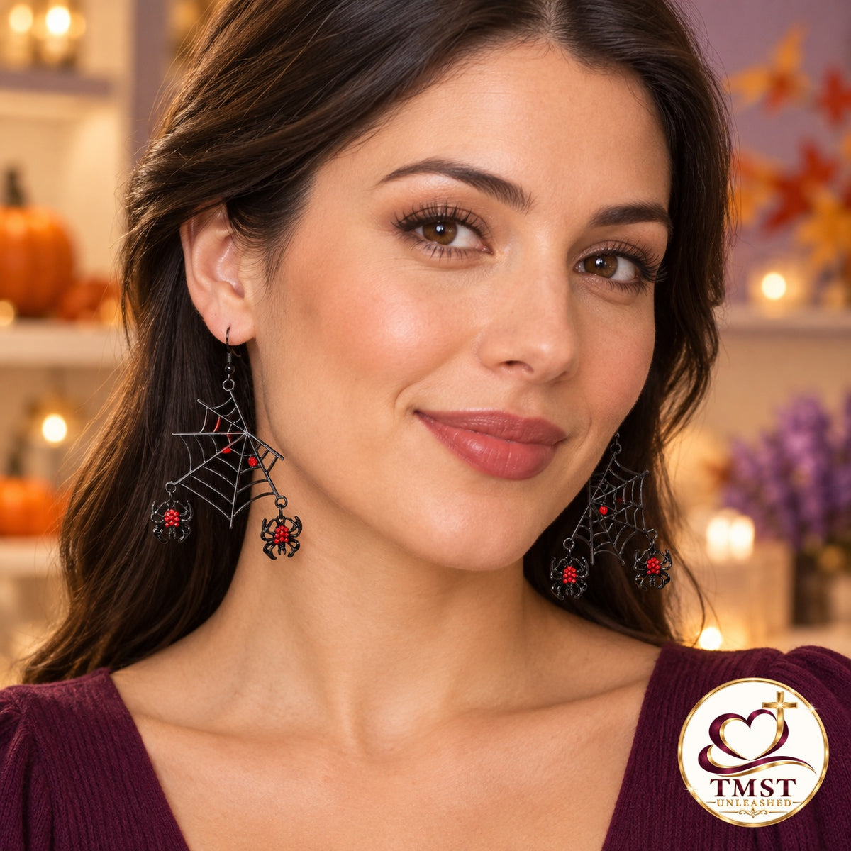 Scarlet Web™ Spider Dangle Earrings shown in use