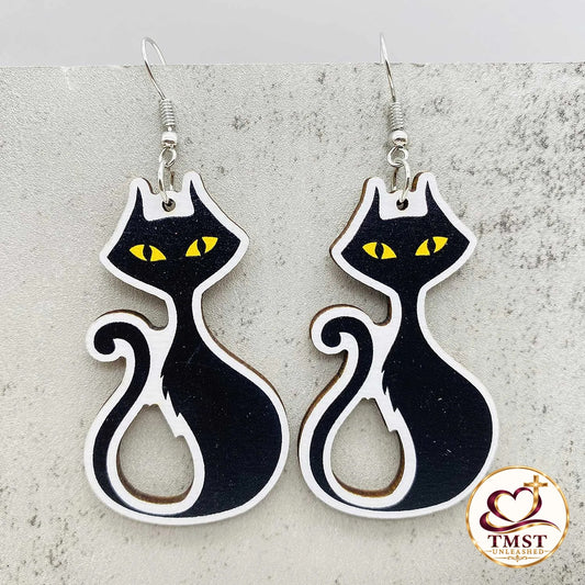 Midnight Mischief™ Black Cat Wooden Earrings product photo