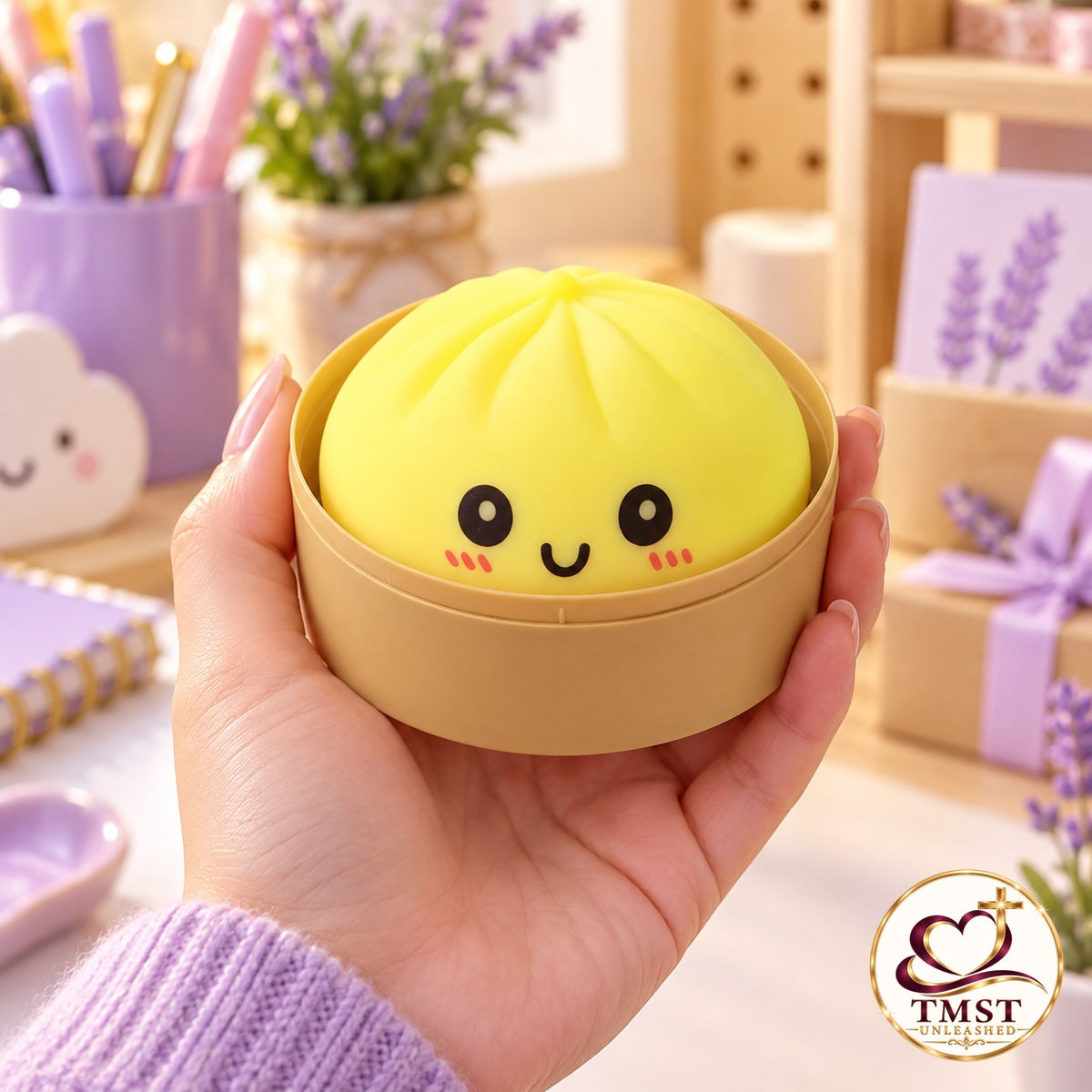 Squeeze & Smile™ Yellow Bun Squishy shown in use