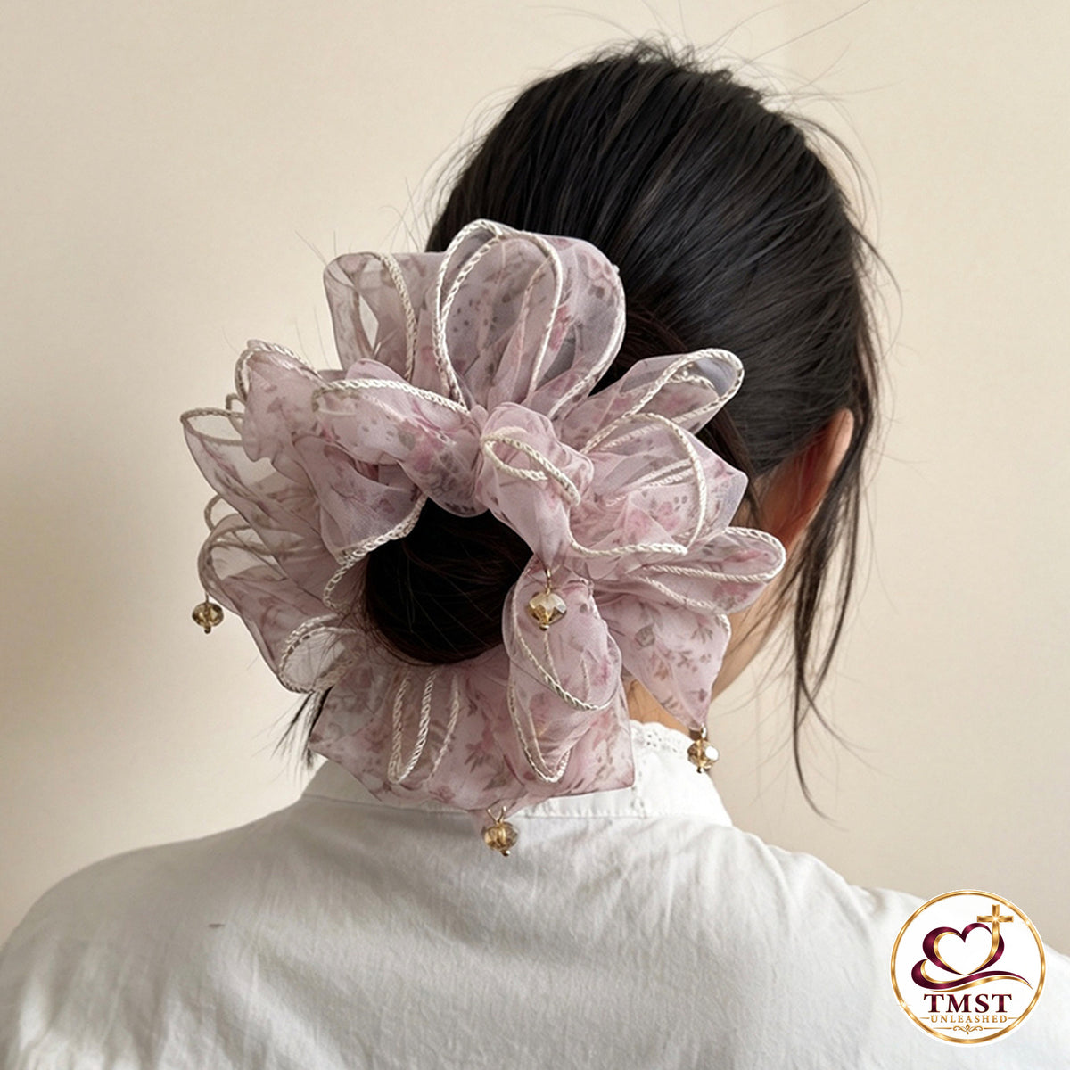 Blushing Garden floral scrunchie modeled
