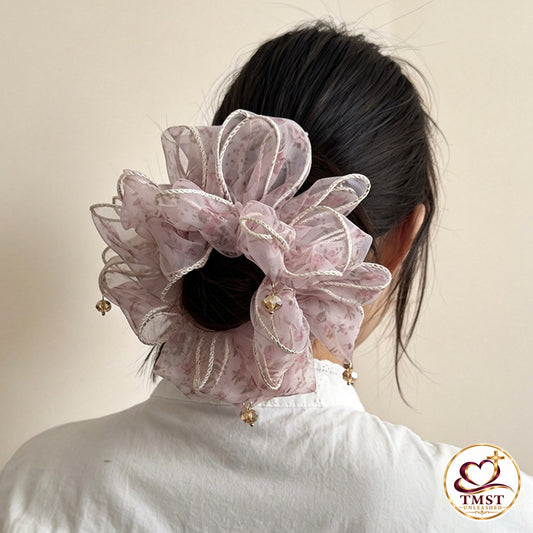 Blushing Garden floral scrunchie modeled