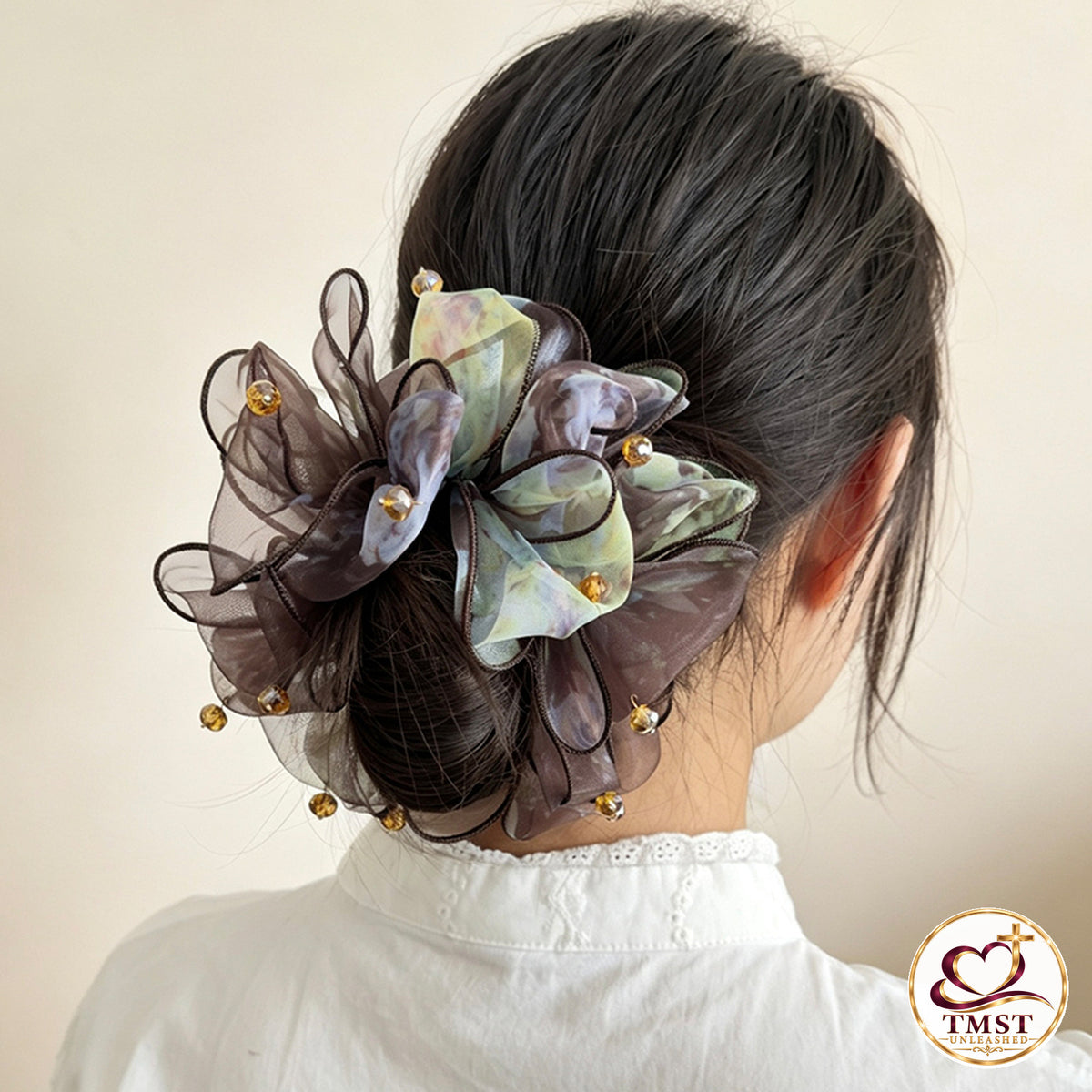 Twilight Garden beaded floral scrunchie modeled
