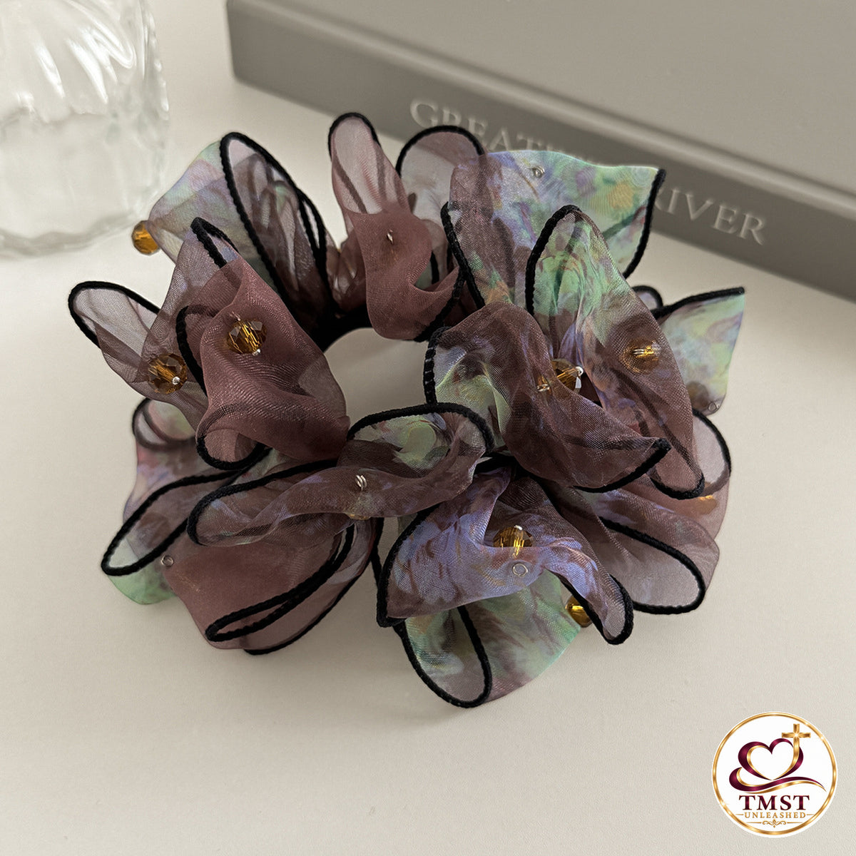 Twilight Garden beaded floral scrunchie product photo
