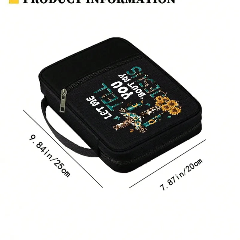 Black zippered tablet sleeve with a colorful turtle graphic and text, shown with dimension lines and measurements on a white background.