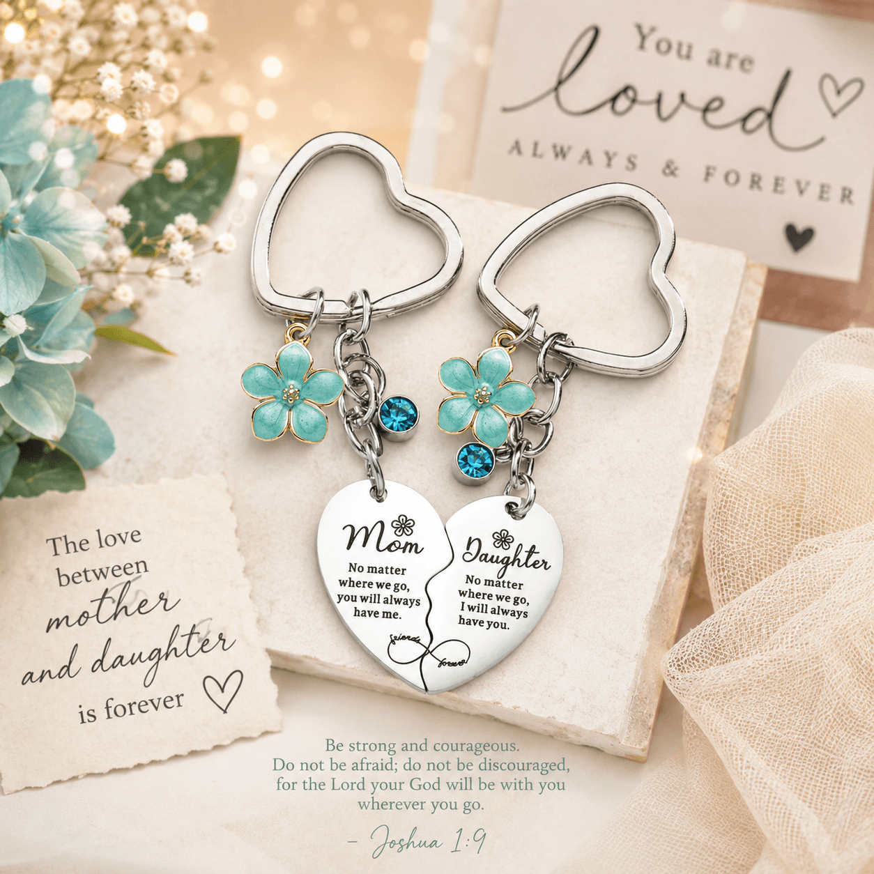 Heart-shaped keychains with floral charms and engraved text on a decorative card.