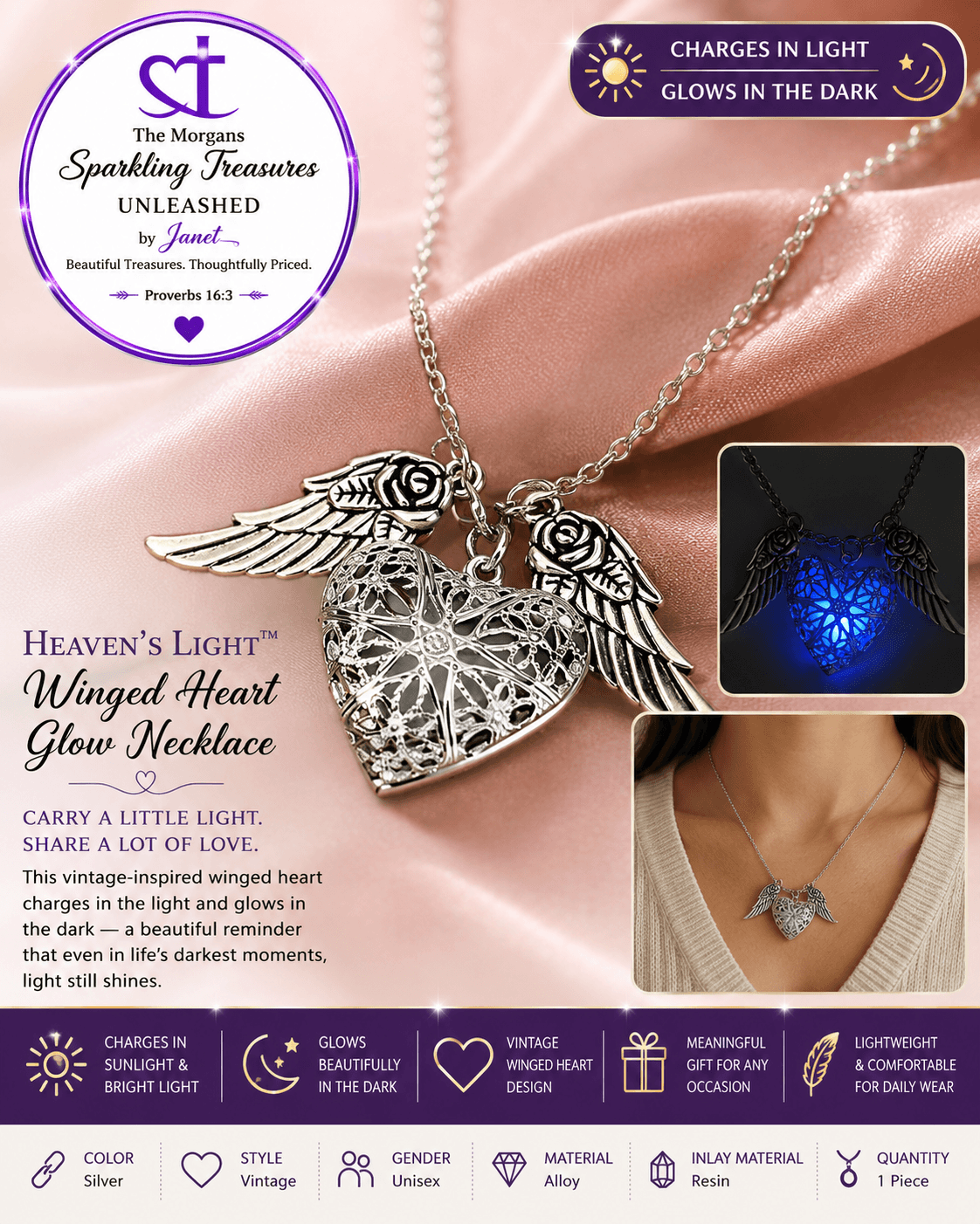 Heaven's Light™ Winged Luminous Heart Necklace Accessories,Glow,Heart Jewelry,Hearts,Hearts Collection,Luminous,Necklace,Short Necklace,Silver,Silver Accents,UNLEASHED COLLECTION
