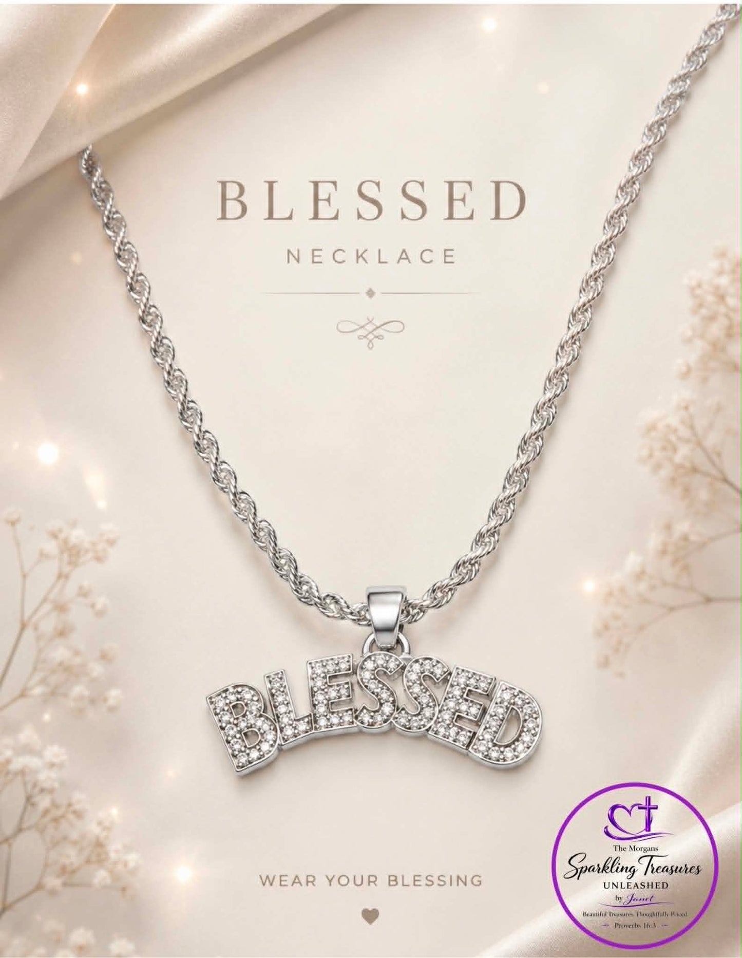 Silver 'Blessed' necklace on a soft white background with 'The Sparkling Treasure' logo.