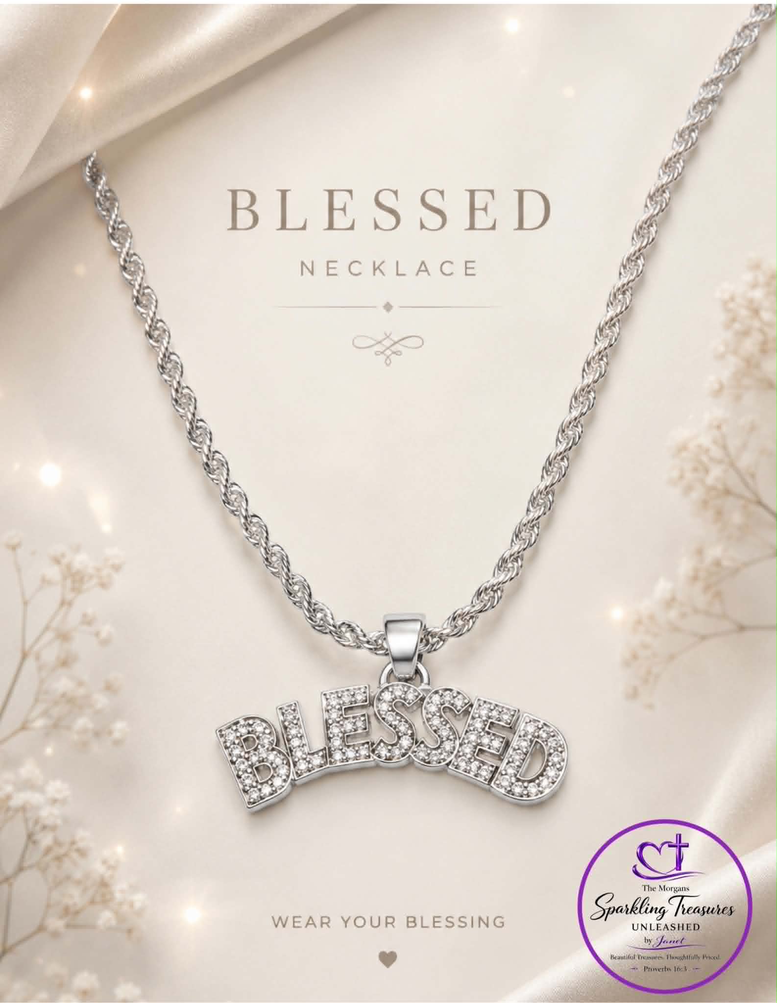 Silver 'Blessed' necklace on a soft white background with 'The Sparkling Treasure' logo.