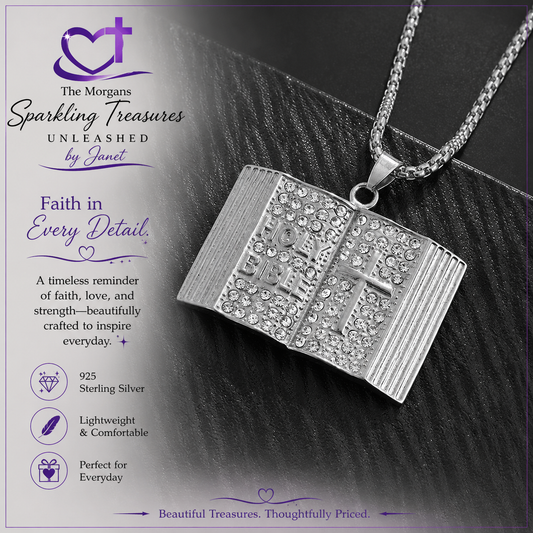 Silver book-shaped pendant necklace with sparkling stones on a dark textured background, featuring 'The Morgans Sparkling Treasures' branding.