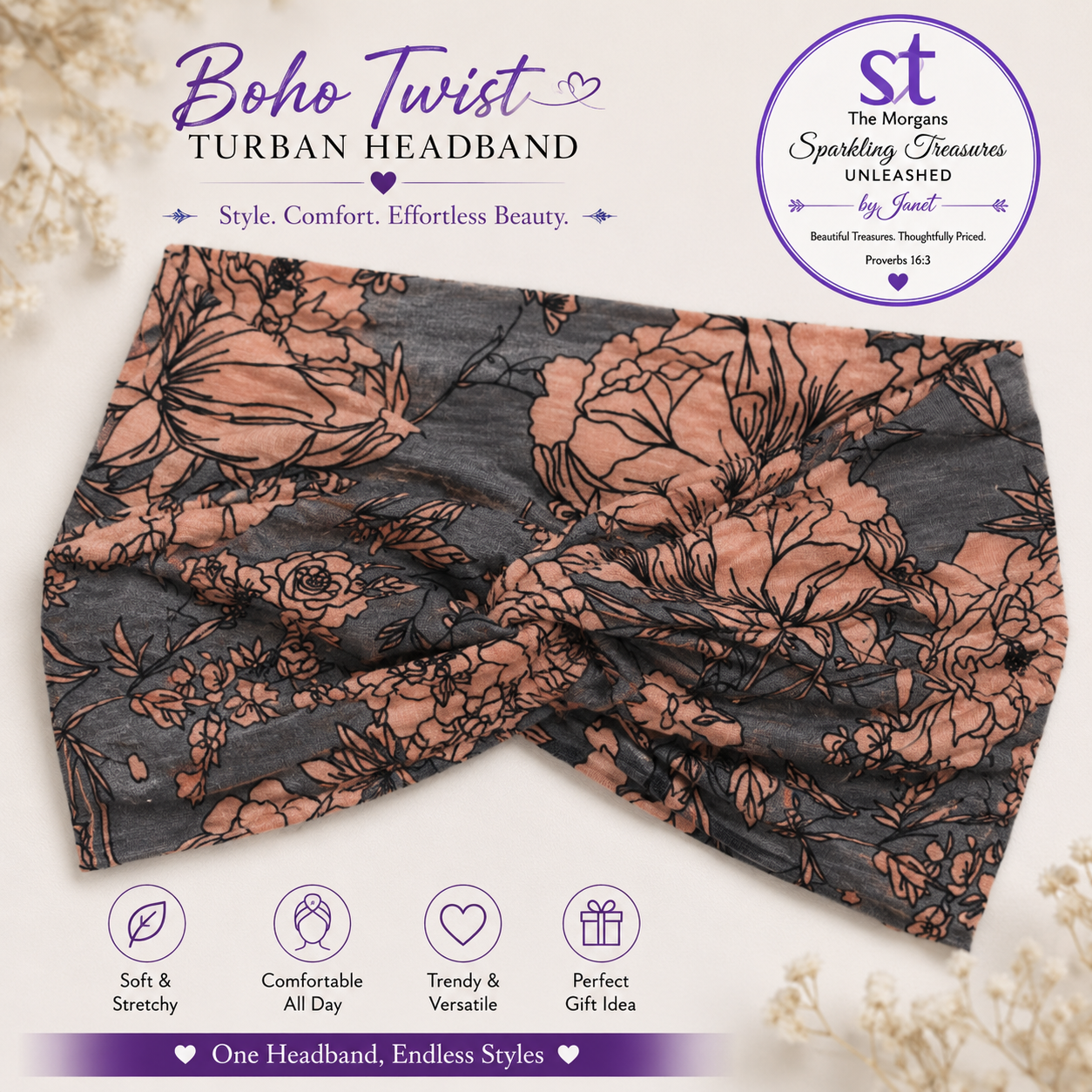 Floral turban headband with branding and product features on a light background