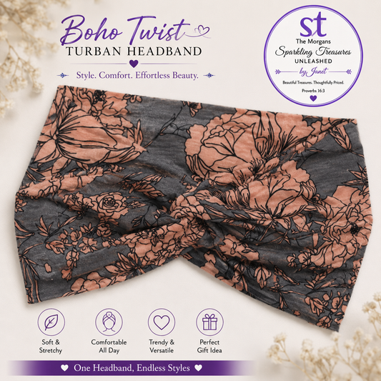 Floral turban headband with branding and product features on a light background