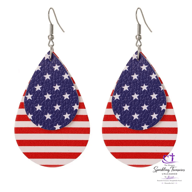 Teardrop-shaped earrings with American flag design on a white background