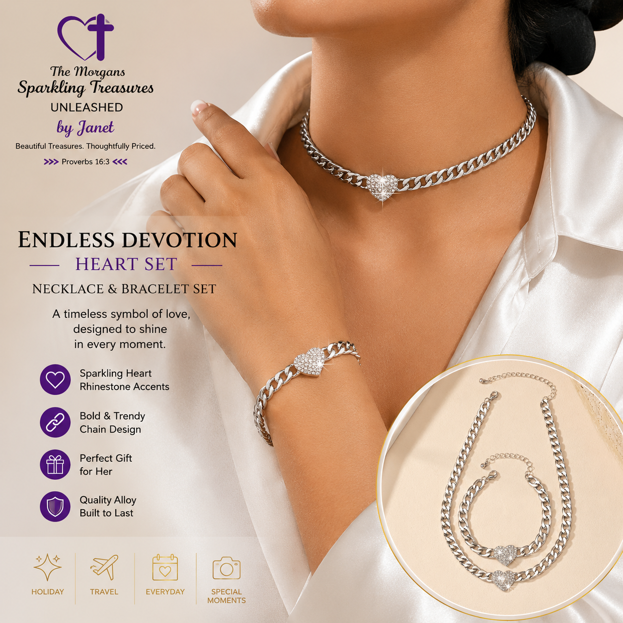 Endless Devotion Rhinestone Heart Necklace and Bracelet Heart Set