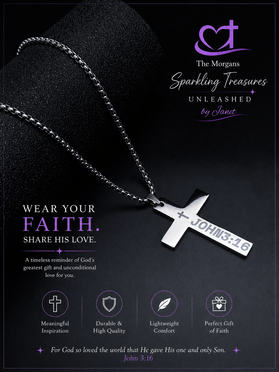 Silver cross necklace with 'John 3:16' on a black background, featuring The Morgans brand.