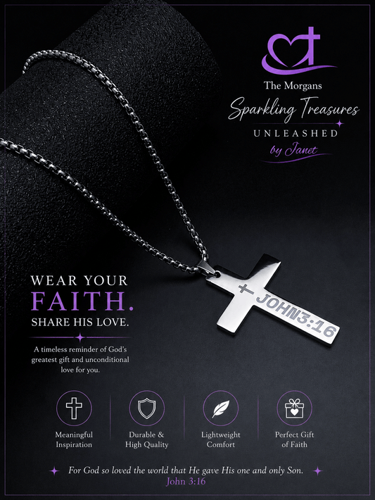 Silver cross necklace with 'John 3:16' on a black background, featuring The Morgans brand.