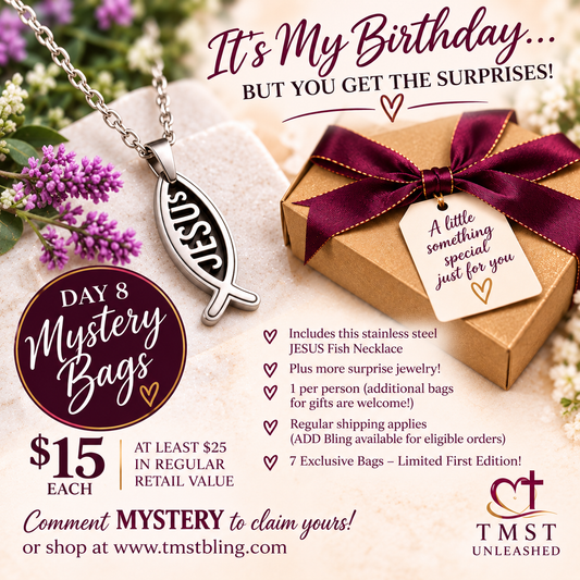 Day 8 Mystery Bags promotion with JESUS fish necklace and birthday gift box