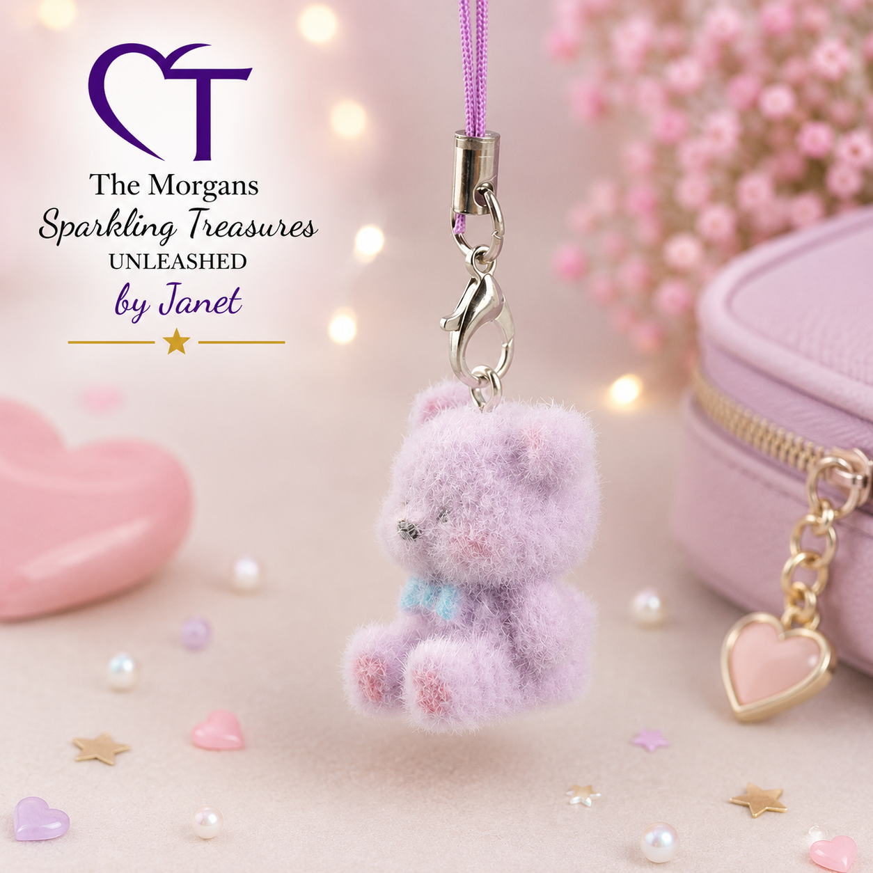 Pink teddy bear keychain with decorative elements on a soft pink background