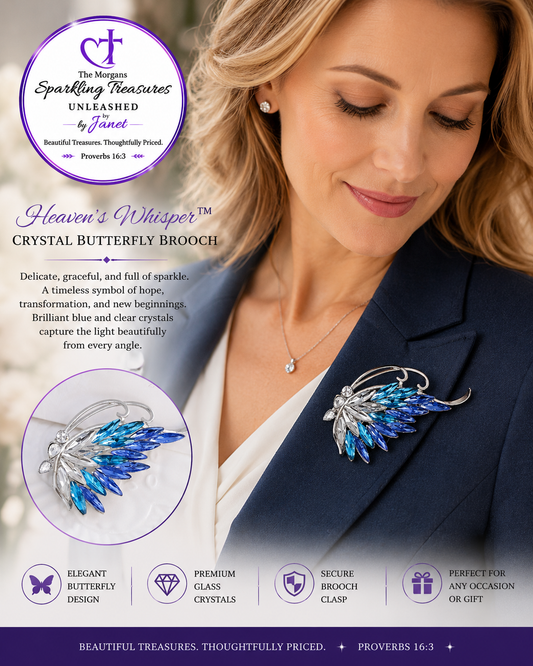 Heaven's Whisper crystal butterfly brooch by The Morgan Sparkling Treasures, shown worn on a model's chest, with a circular inset showing the butterfly crystal design and promotional text.