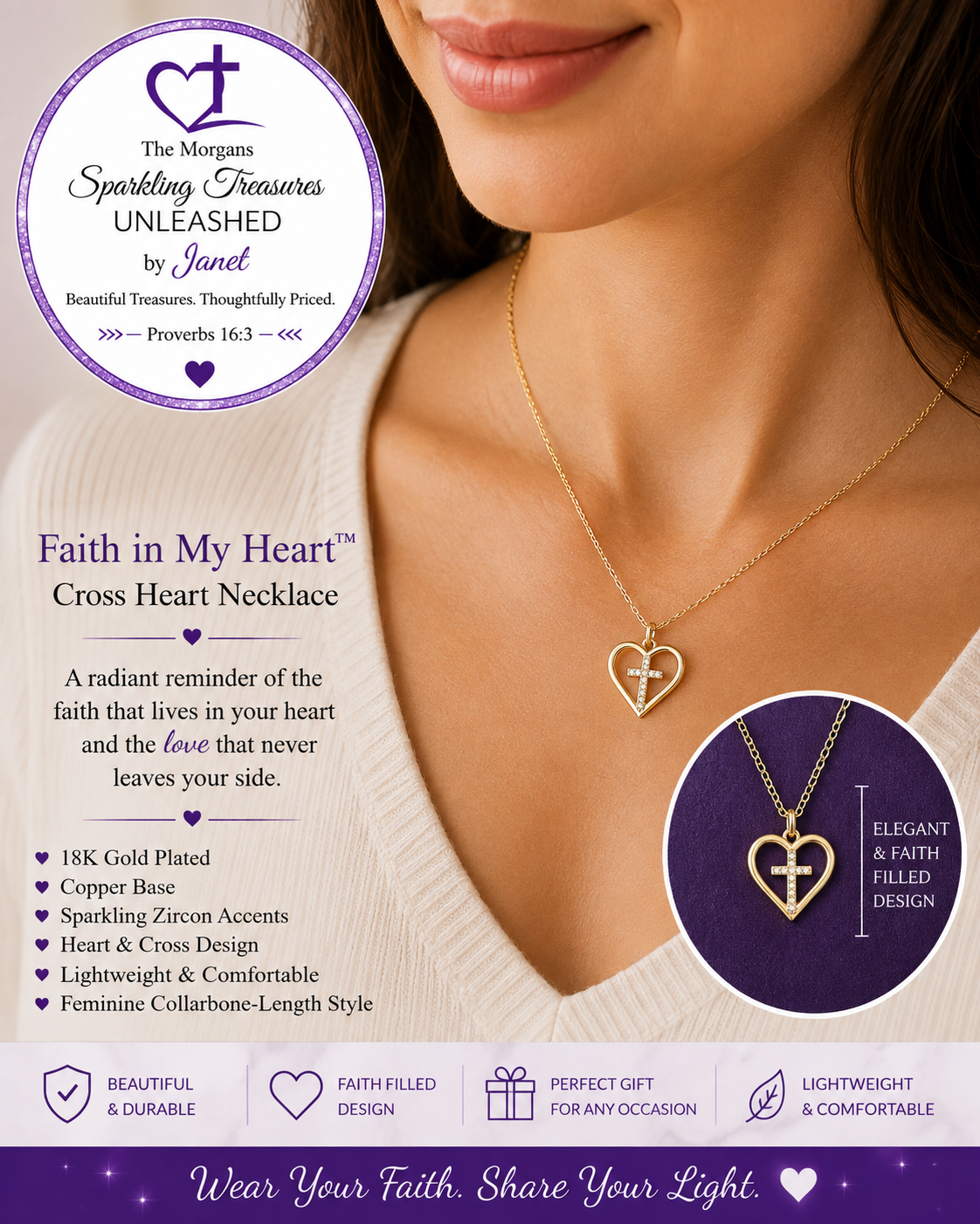 Held by His Heart™ Open Heart Cross Necklace - Christian faith necklace