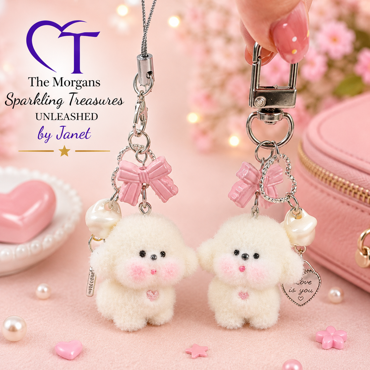 Two fluffy white keychains with pink bows and pearls on a pink background with 'The Morgans Sparkling Treasures' branding.