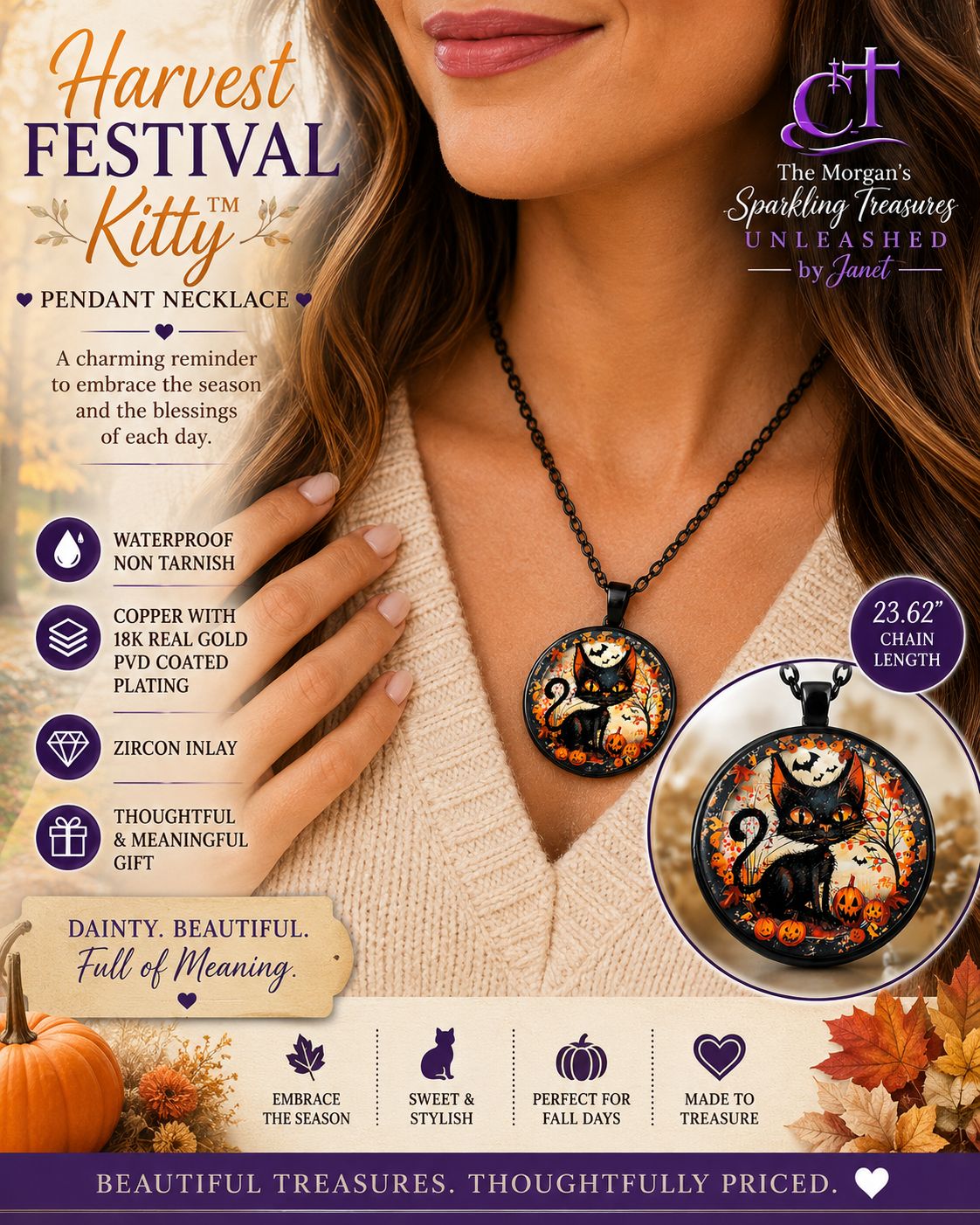 A woman wearing a pendant necklace with a black cat illustration over an orange and black autumn-themed design. The image is a promotional graphic for the 'Harvest Festival Kitty' pendant necklace by The Morgan's Sparkling Treasures, showing product details, text benefits, and a close-up of the pendant.