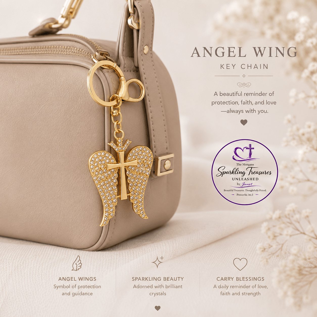 Gold angel wing keychain with cross on a beige handbag, branded 'Sparkling Treasures Unleashed'.