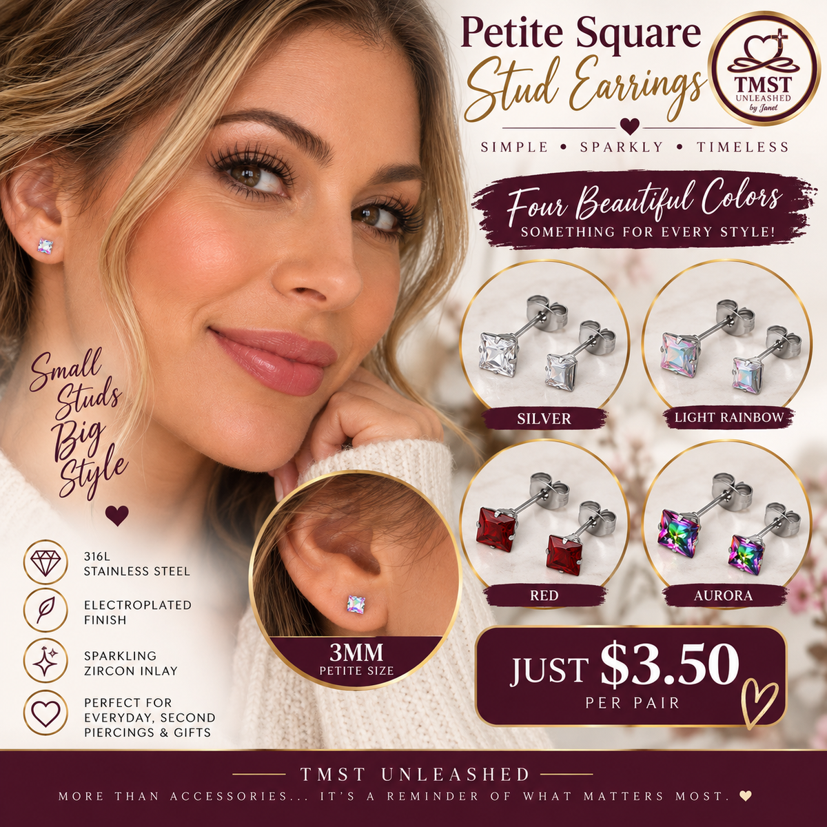 Petite Prism™ 3mm Stainless Steel Stud Earrings