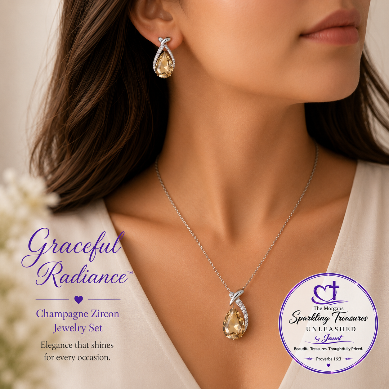 Jewelry set with champagne zircon earrings and necklace on a model, featuring 'The Morgan' brand.