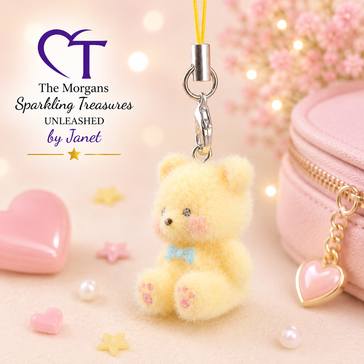 Yellow teddy bear charm with a pink heart-shaped pouch and decorative elements on a soft pink background.