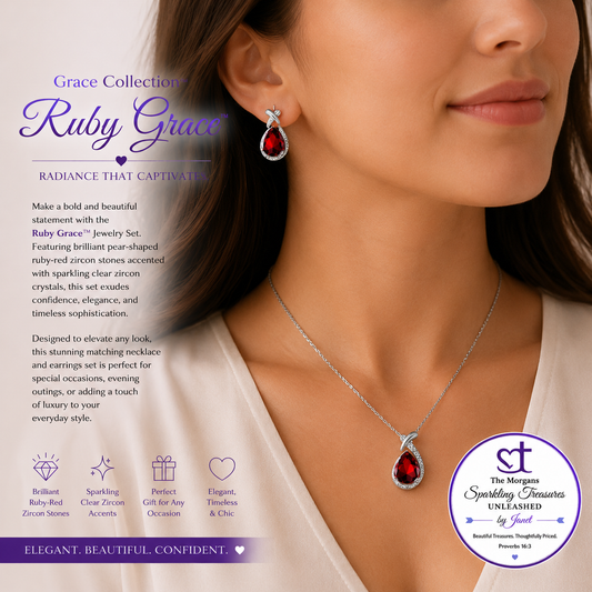 Woman wearing Ruby Grace jewelry with product description text overlay