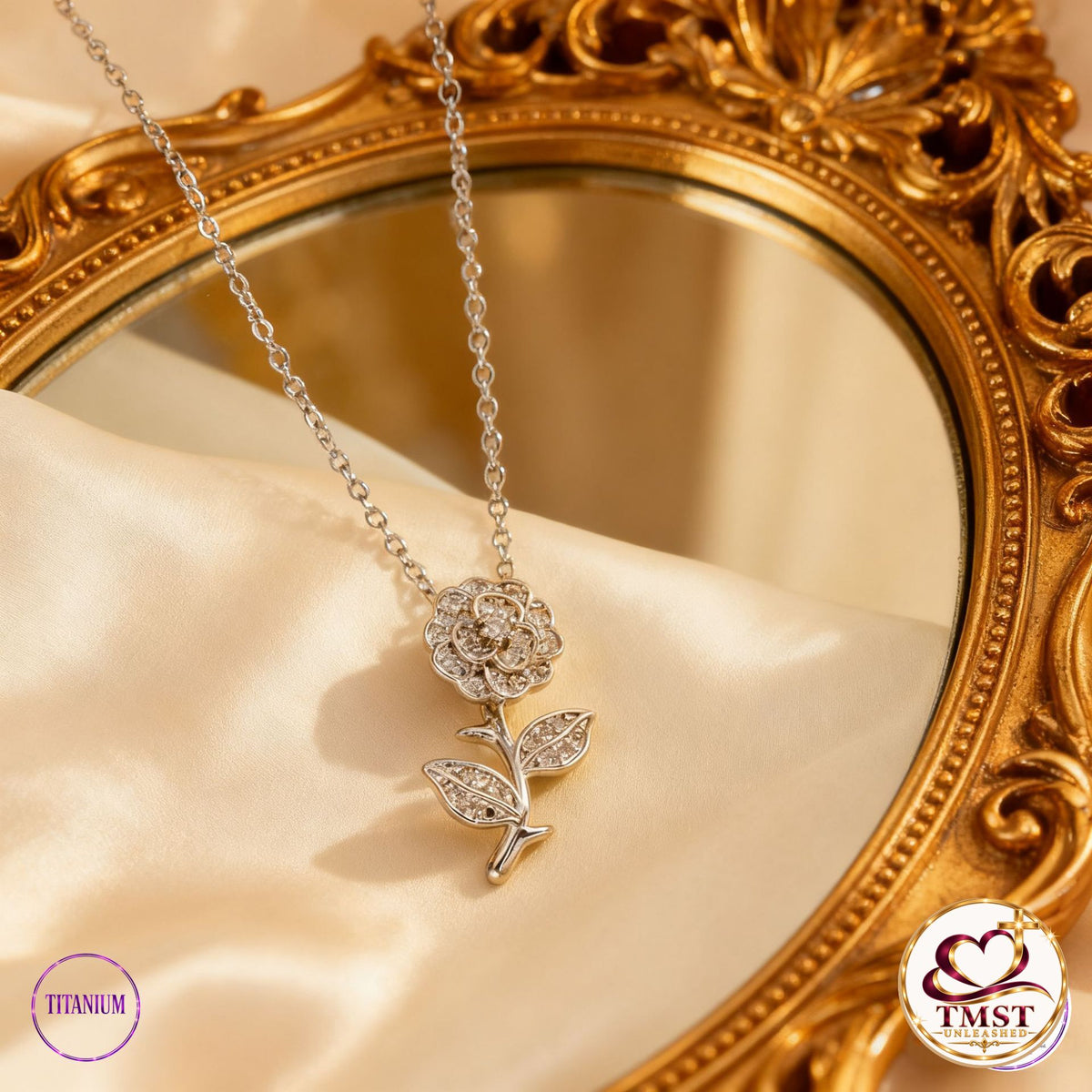 Everlasting Bloom rose pendant necklace product photo with current TMST logo