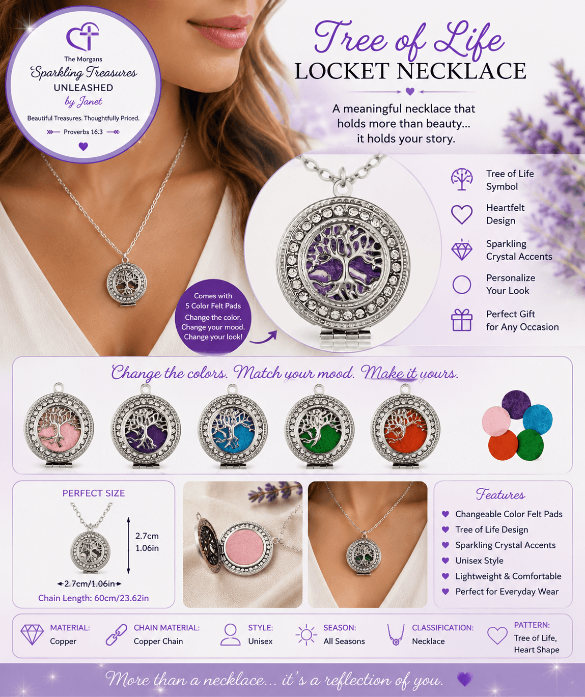 Everlasting Roots™ Tree of Life Locket Necklace Silver Accessories,Gift for Her,Gift Ideas,Gifts,Locket Inspired,Multicolor,Necklace,Romantic Gift,Short Necklace,Silver,Tree of Life,UNLEASHED COLLECTION
