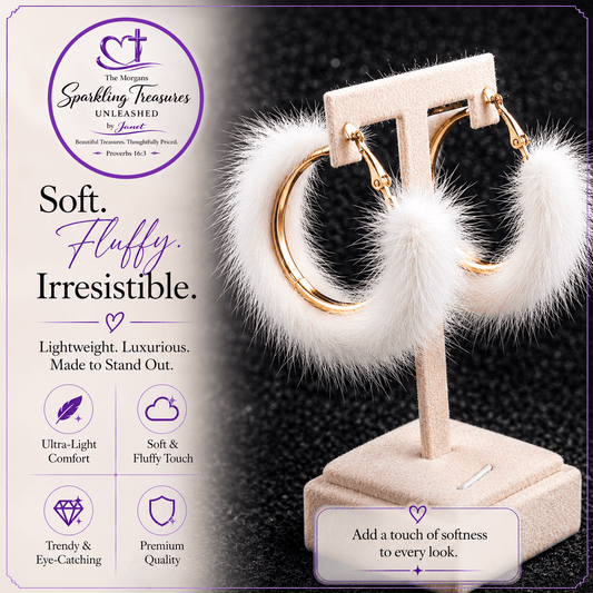 White fluffy hoop earrings on a display stand with promotional text and branding.