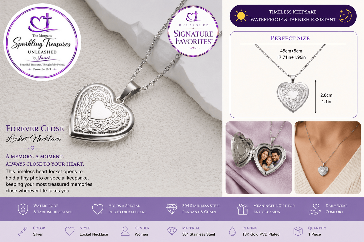 Forever Close Locket™ Heart Silver Necklace Stainless Steel