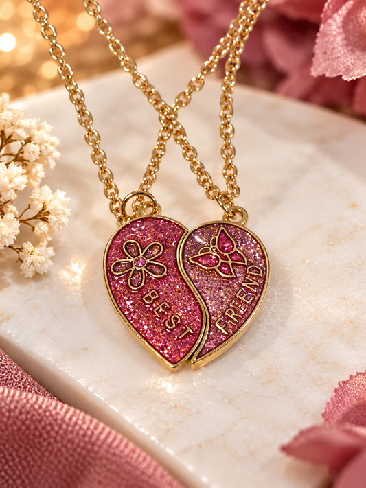 Forever Connected magnetic best friends pink glitter heart necklace set