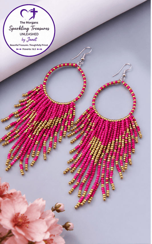 Boho Fringe Statement Earrings Collection Pink or White Accessories,earrings,Gold,Pink,Seedbeads,UNLEASHED COLLECTION,White